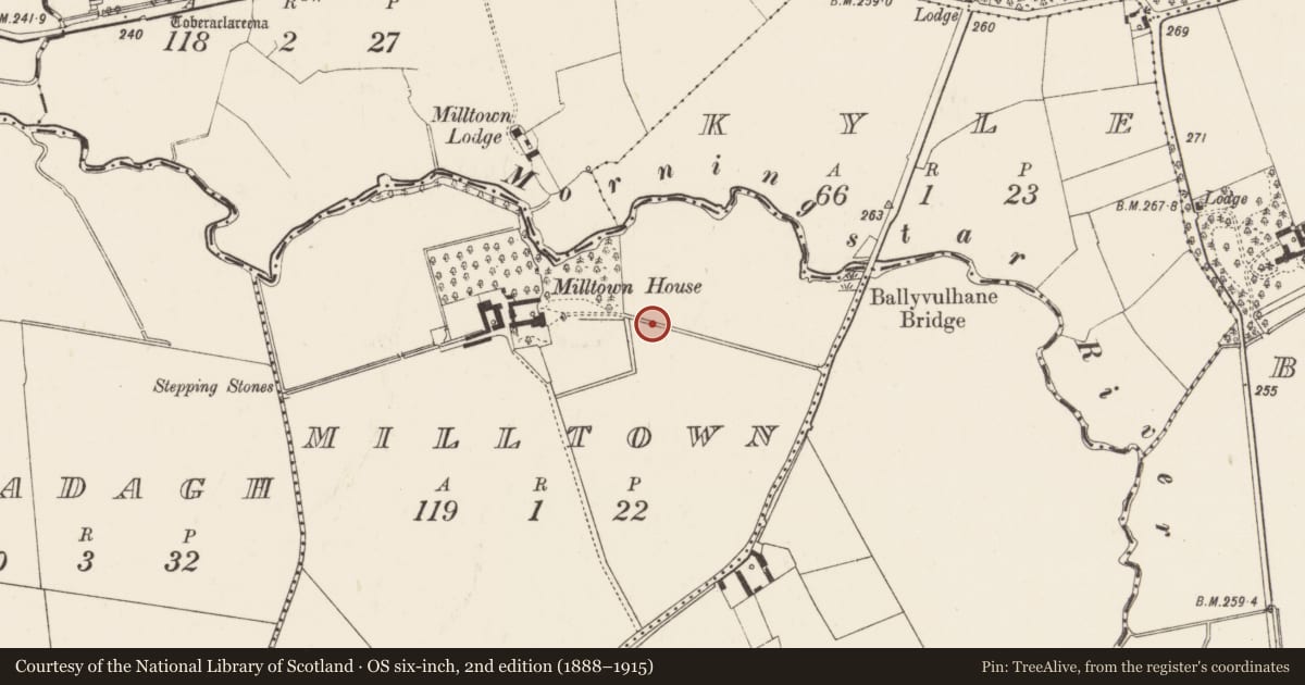 Ordnance Survey six-inch map, 2nd edition (1888–1915) covering the location of Earthwork, Milltown, County Limerick, with a pin at the register's coordinates