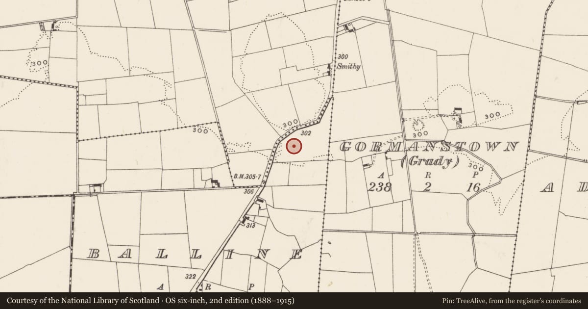 Ordnance Survey six-inch map, 2nd edition (1888–1915) covering the location of Road - road/trackway, Balline, County Limerick, with a pin at the register's coordinates