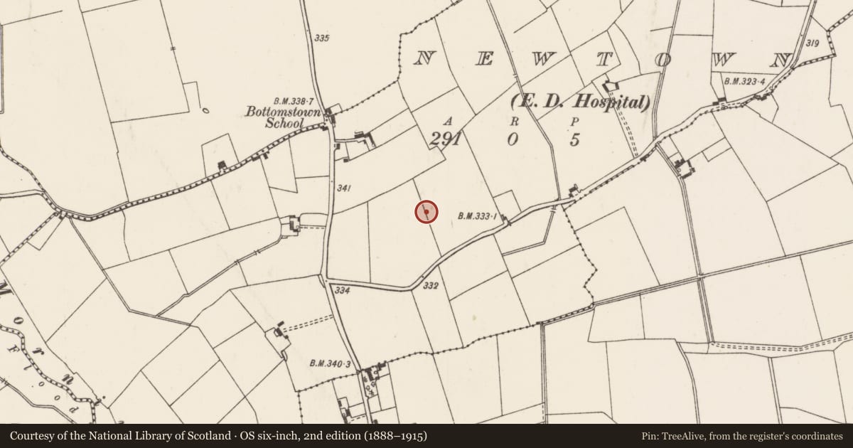 Ordnance Survey six-inch map, 2nd edition (1888–1915) covering the location of Enclosure, Newtown, County Limerick, with a pin at the register's coordinates