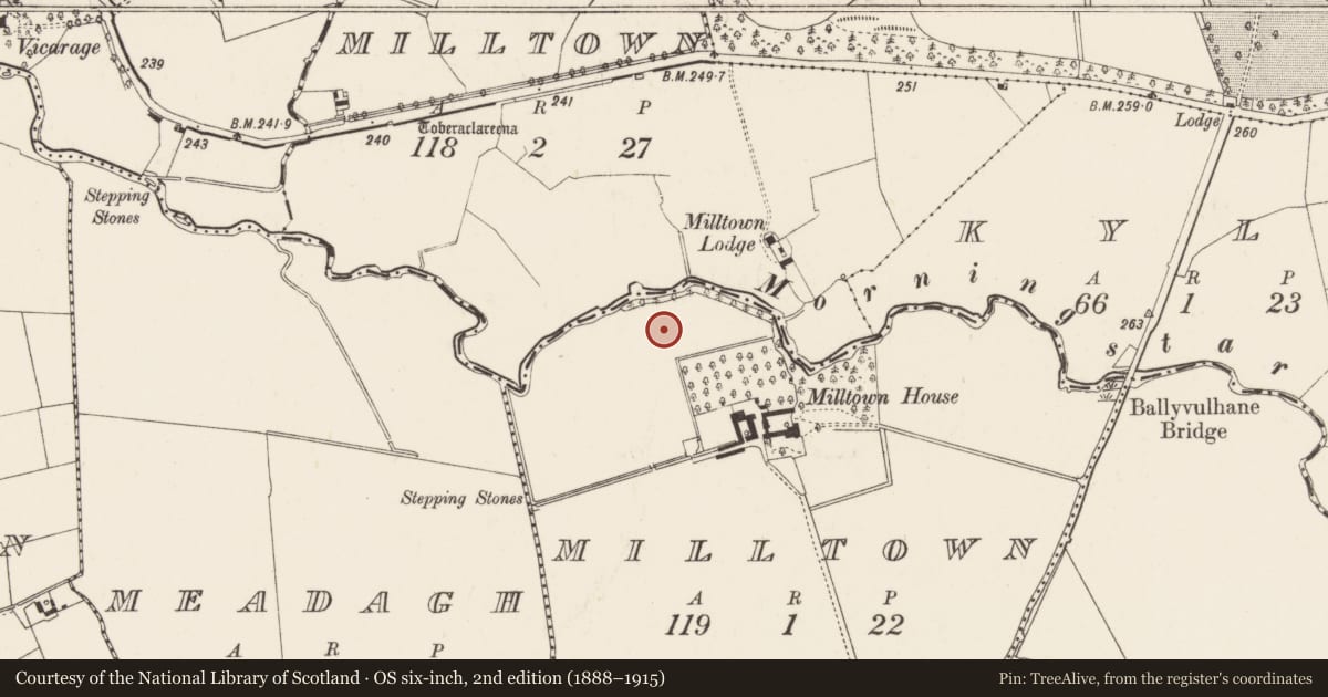 Ordnance Survey six-inch map, 2nd edition (1888–1915) covering the location of Barrow - ditch barrow, Milltown, County Limerick, with a pin at the register's coordinates