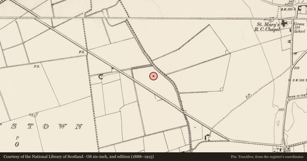 Ordnance Survey six-inch map, 2nd edition (1888–1915) covering the location of Barrow - ditch barrow, Baggotstown East, County Limerick, with a pin at the register's coordinates