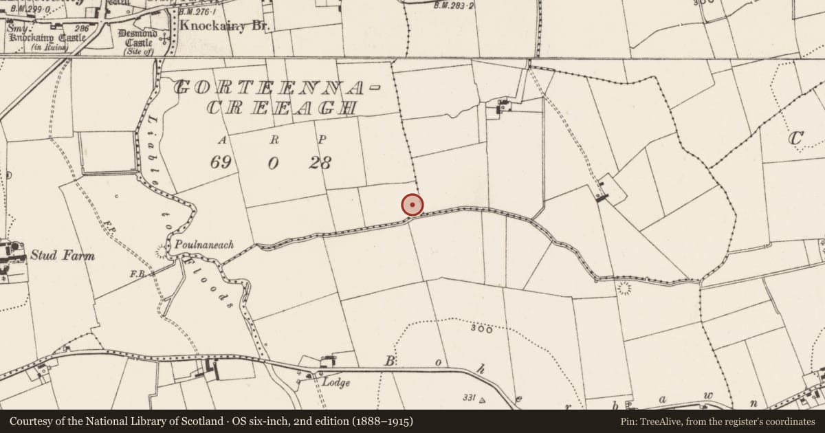 Ordnance Survey six-inch map, 2nd edition (1888–1915) covering the location of Earthwork, Gorteennacreeagh, County Limerick, with a pin at the register's coordinates