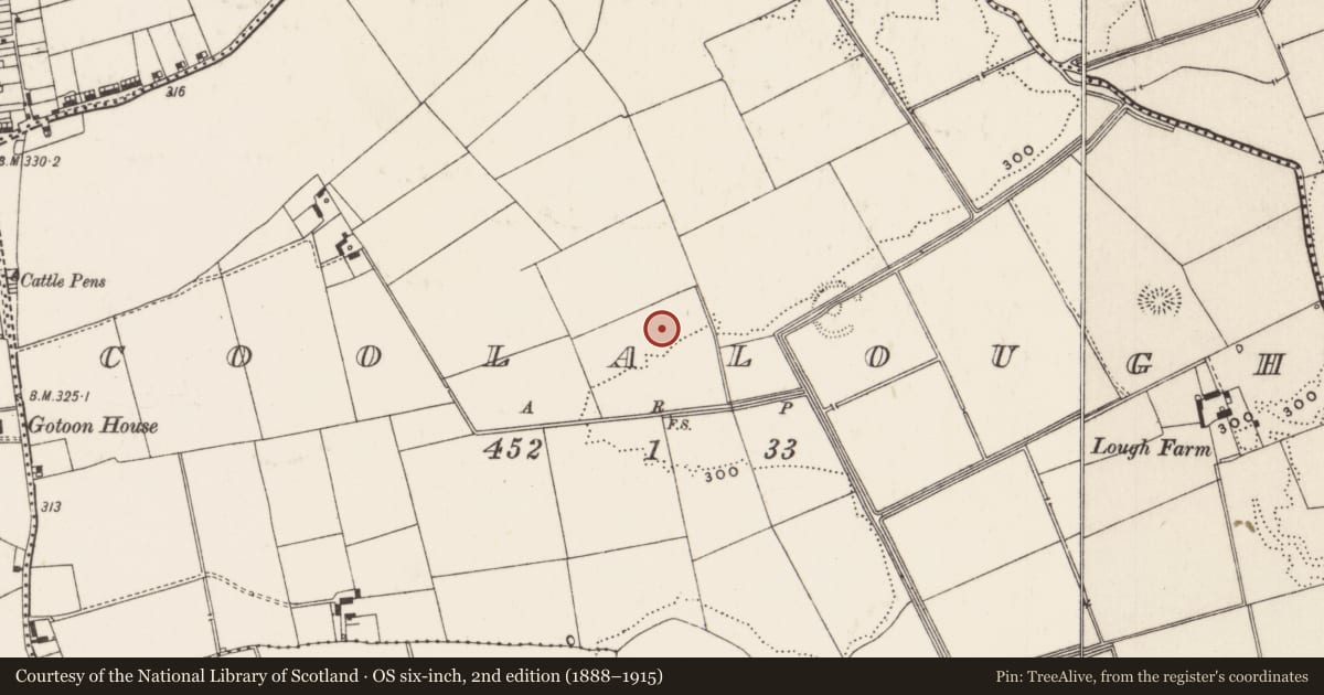 Ordnance Survey six-inch map, 2nd edition (1888–1915) covering the location of Earthwork, Coolalough, County Limerick, with a pin at the register's coordinates