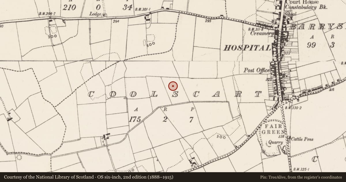 Ordnance Survey six-inch map, 2nd edition (1888–1915) covering the location of Barrow - ditch barrow, Coolscart, County Limerick, with a pin at the register's coordinates