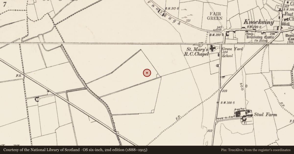 Ordnance Survey six-inch map, 2nd edition (1888–1915) covering the location of Barrow - unclassified, Knockainy West, County Limerick, with a pin at the register's coordinates