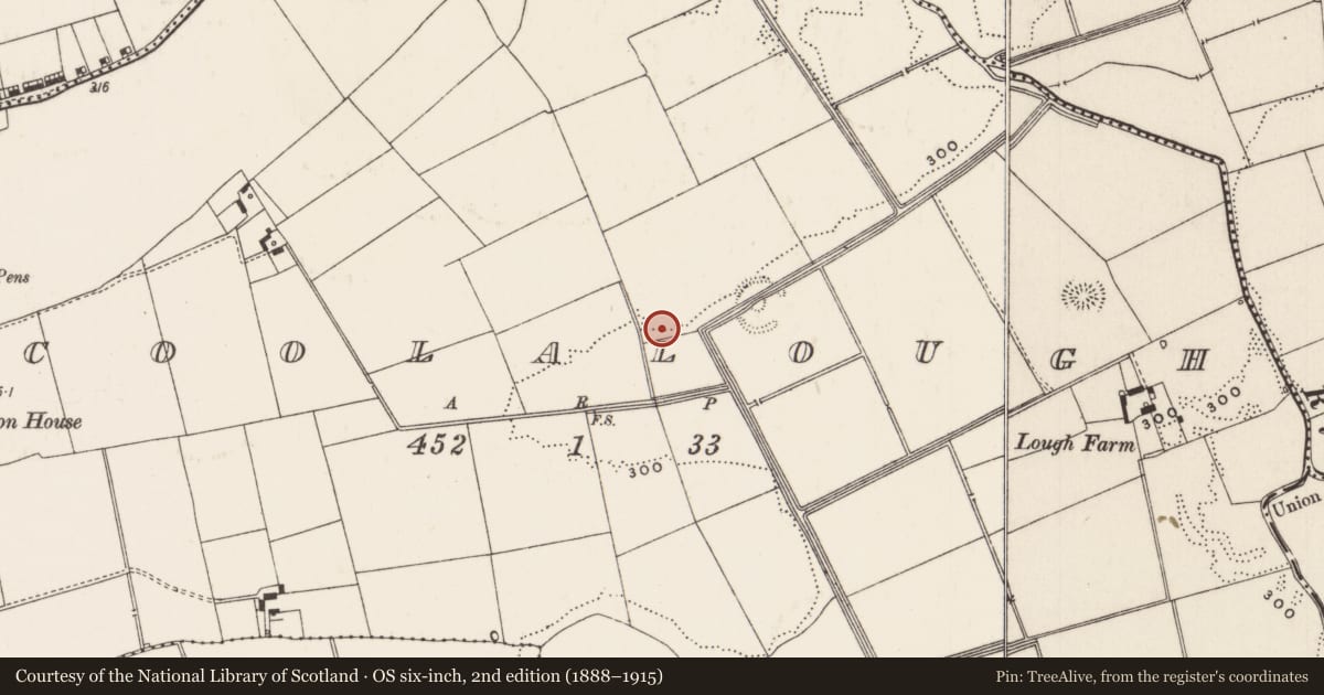 Ordnance Survey six-inch map, 2nd edition (1888–1915) covering the location of Barrow - ring-barrow, Coolalough, County Limerick, with a pin at the register's coordinates
