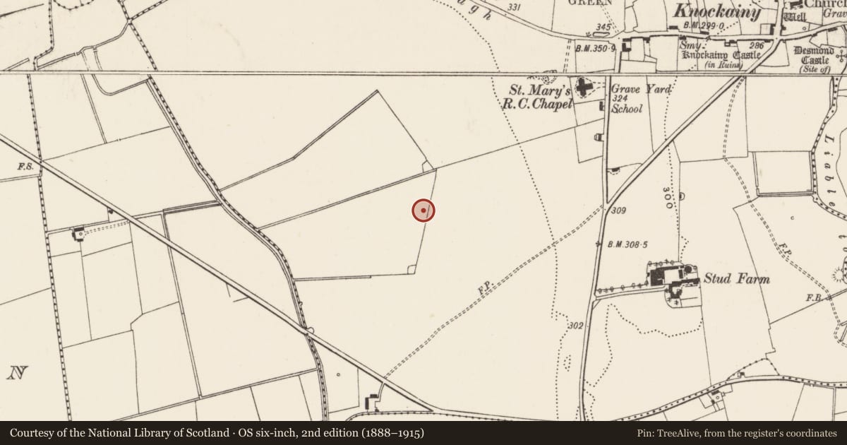 Ordnance Survey six-inch map, 2nd edition (1888–1915) covering the location of Barrow - ditch barrow, Knockainy West, County Limerick, with a pin at the register's coordinates