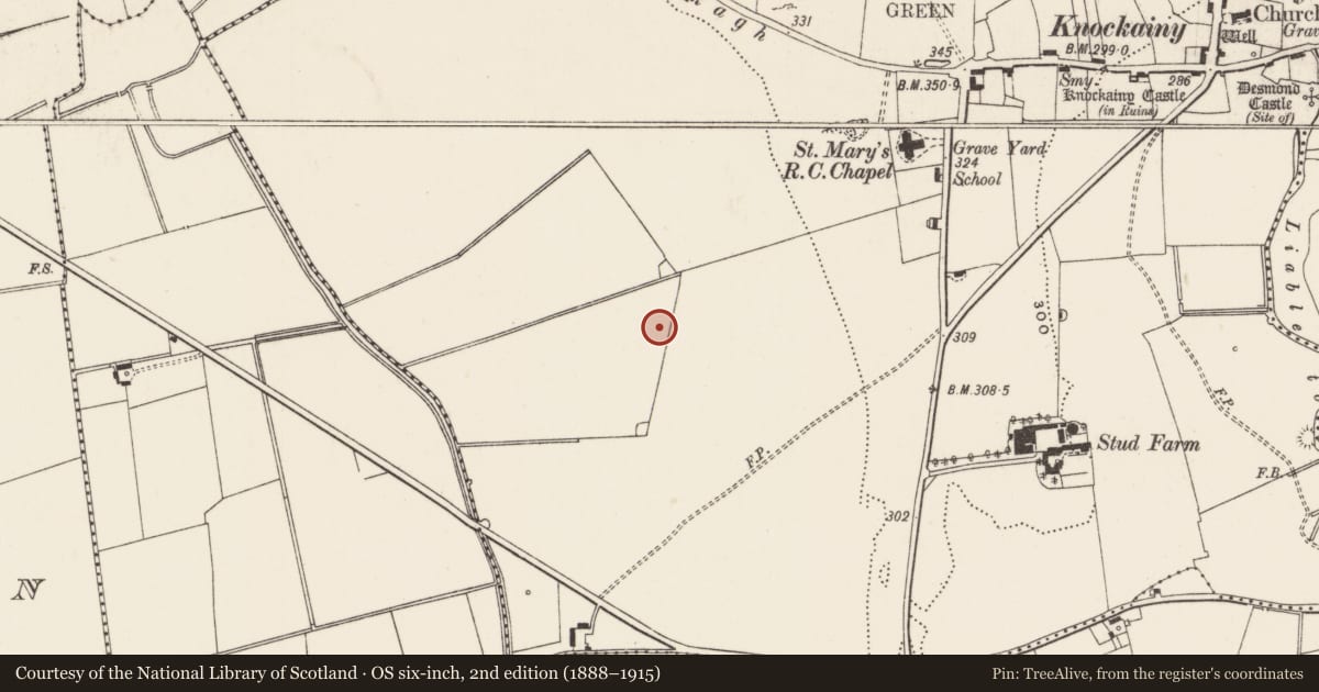 Ordnance Survey six-inch map, 2nd edition (1888–1915) covering the location of Barrow - ditch barrow, Knockainy West, County Limerick, with a pin at the register's coordinates