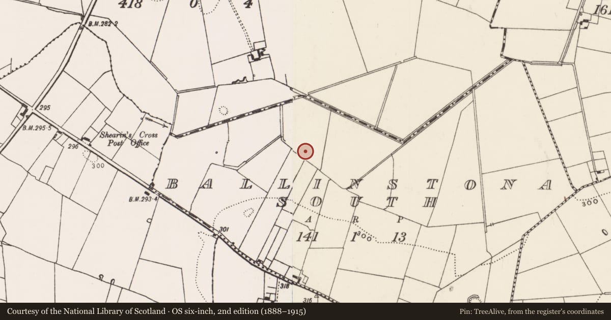 Ordnance Survey six-inch map, 2nd edition (1888–1915) covering the location of Barrow - ditch barrow, Ballinstona South, County Limerick, with a pin at the register's coordinates