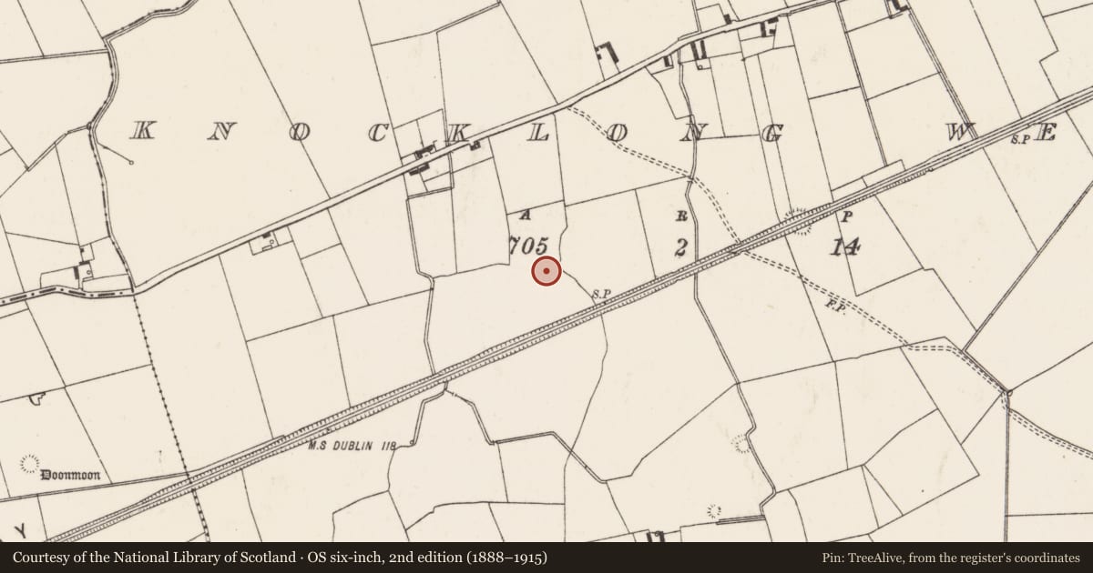 Ordnance Survey six-inch map, 2nd edition (1888–1915) covering the location of Earthwork, Knocklong West, County Limerick, with a pin at the register's coordinates