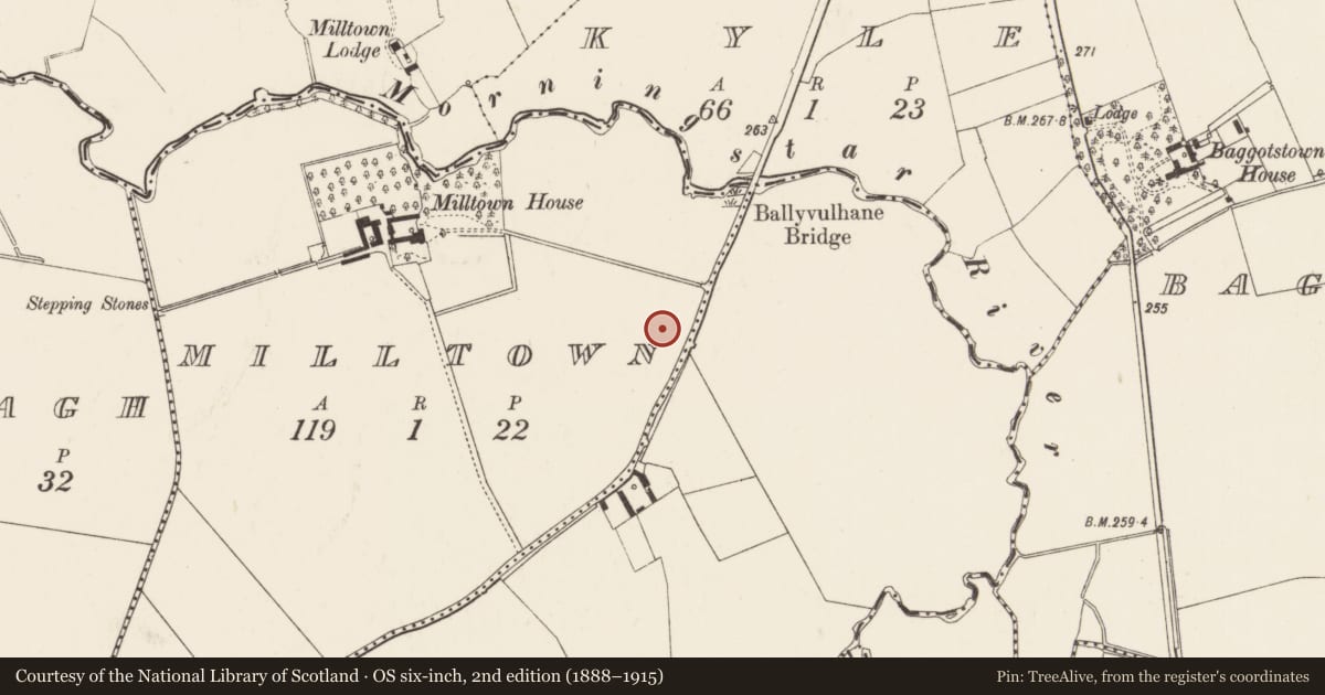 Ordnance Survey six-inch map, 2nd edition (1888–1915) covering the location of Enclosure, Milltown, County Limerick, with a pin at the register's coordinates