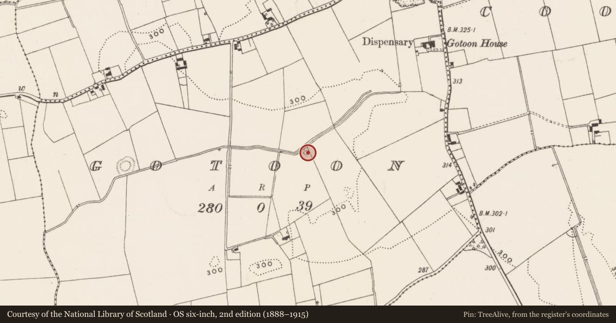 Ordnance Survey six-inch map, 2nd edition (1888–1915) covering the location of Barrow - mound barrow, Gotoon, County Limerick, with a pin at the register's coordinates