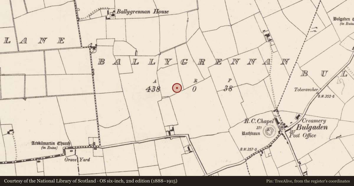 Ordnance Survey six-inch map, 2nd edition (1888–1915) covering the location of Enclosure, Ballygrennan, County Limerick, with a pin at the register's coordinates