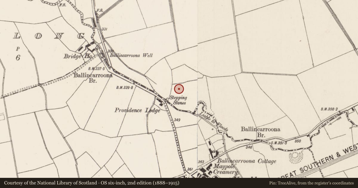 Ordnance Survey six-inch map, 2nd edition (1888–1915) covering the location of Ringfort - unclassified, Ballincarroona, County Limerick, with a pin at the register's coordinates
