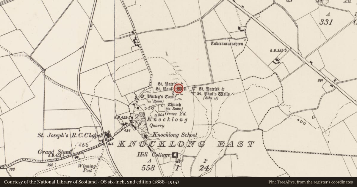 Ordnance Survey six-inch map, 2nd edition (1888–1915) covering the location of Road - road/trackway, Knocklong East, County Limerick, with a pin at the register's coordinates
