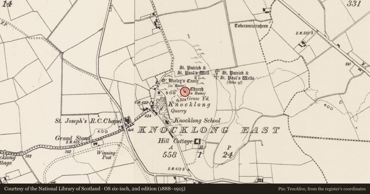 Ordnance Survey six-inch map, 2nd edition (1888–1915) covering the location of Church, Knocklong East, County Limerick, with a pin at the register's coordinates