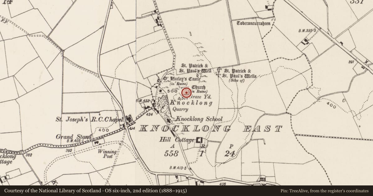 Ordnance Survey six-inch map, 2nd edition (1888–1915) covering the location of Graveyard, Knocklong East, County Limerick, with a pin at the register's coordinates