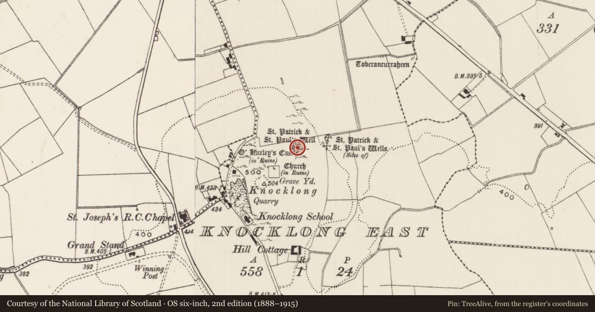 Ordnance Survey six-inch map, 2nd edition (1888–1915) covering the location of Earthwork, Knocklong East, County Limerick, with a pin at the register's coordinates