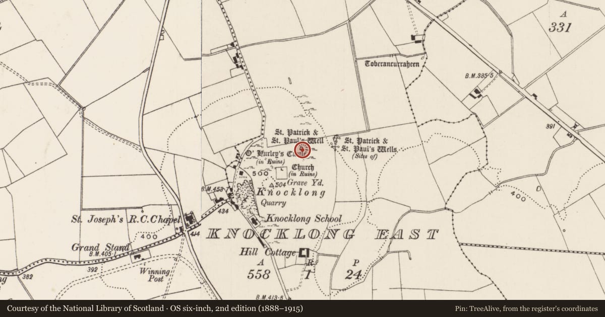 Ordnance Survey six-inch map, 2nd edition (1888–1915) covering the location of Castle - tower house, Knocklong East, County Limerick, with a pin at the register's coordinates