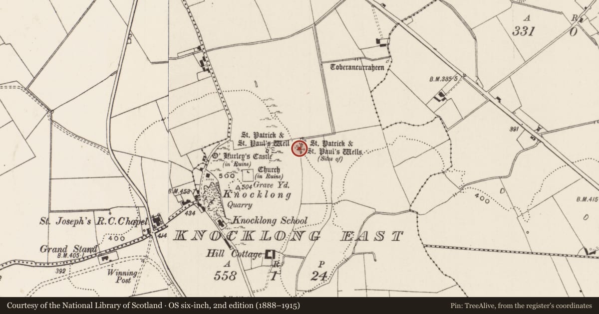 Ordnance Survey six-inch map, 2nd edition (1888–1915) covering the location of Ritual site - holy well, Knocklong East, County Limerick, with a pin at the register's coordinates