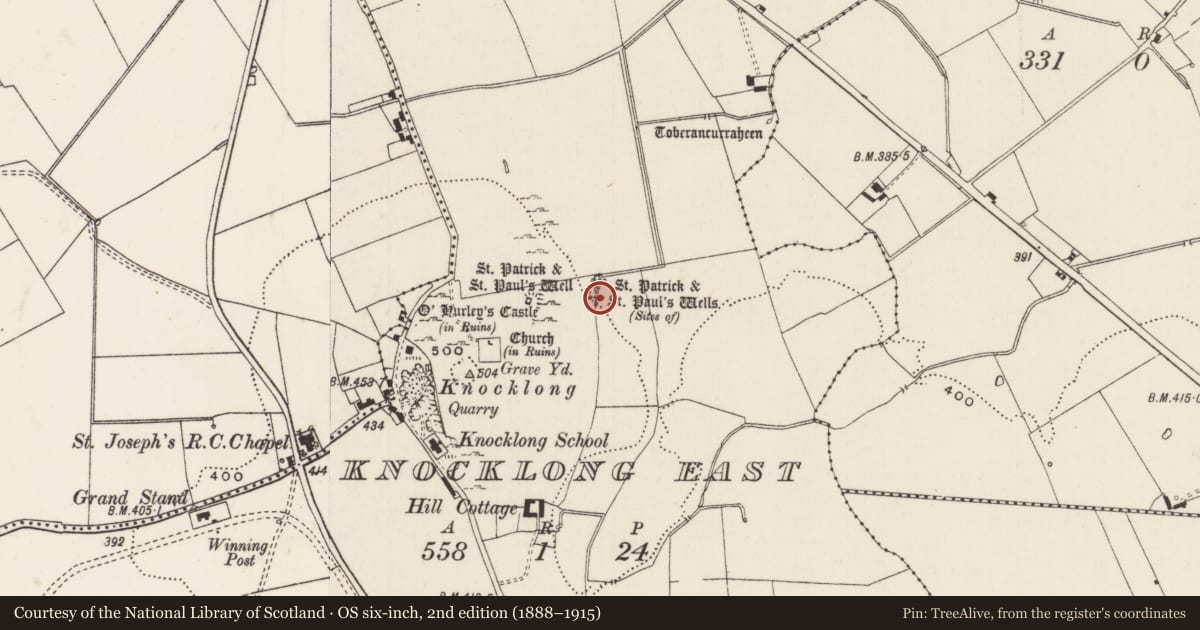 Ordnance Survey six-inch map, 2nd edition (1888–1915) covering the location of Ritual site - holy well, Knocklong East, County Limerick, with a pin at the register's coordinates