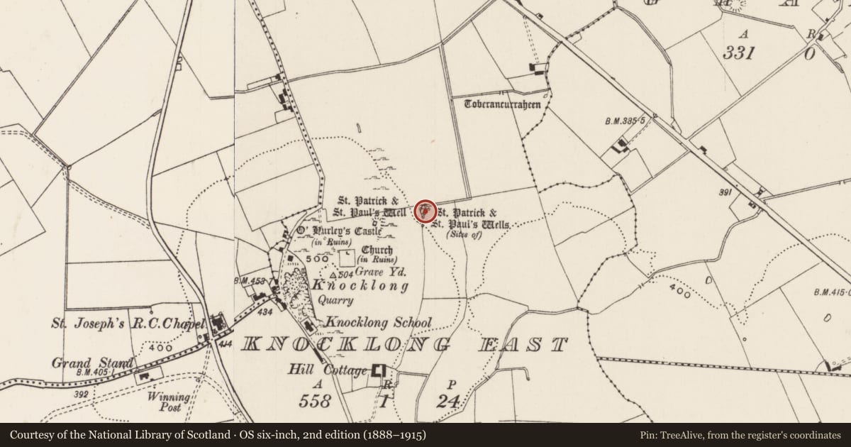 Ordnance Survey six-inch map, 2nd edition (1888–1915) covering the location of Ritual site - holy well, Knocklong East, County Limerick, with a pin at the register's coordinates