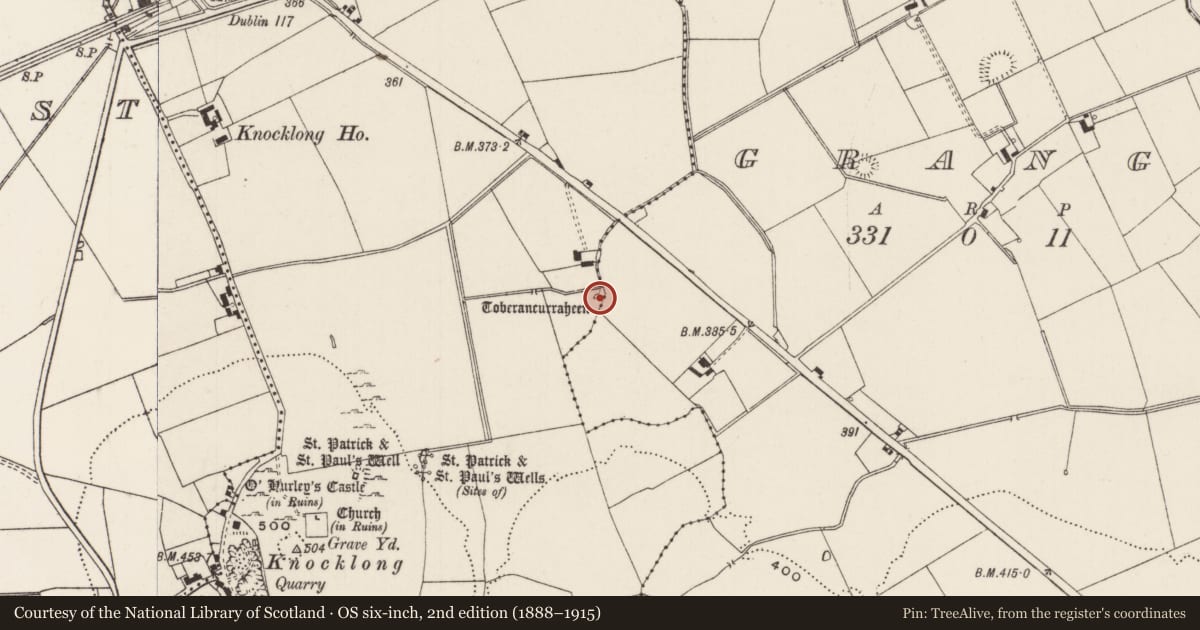 Ordnance Survey six-inch map, 2nd edition (1888–1915) covering the location of Ritual site - holy well, Knocklong East, County Limerick, with a pin at the register's coordinates