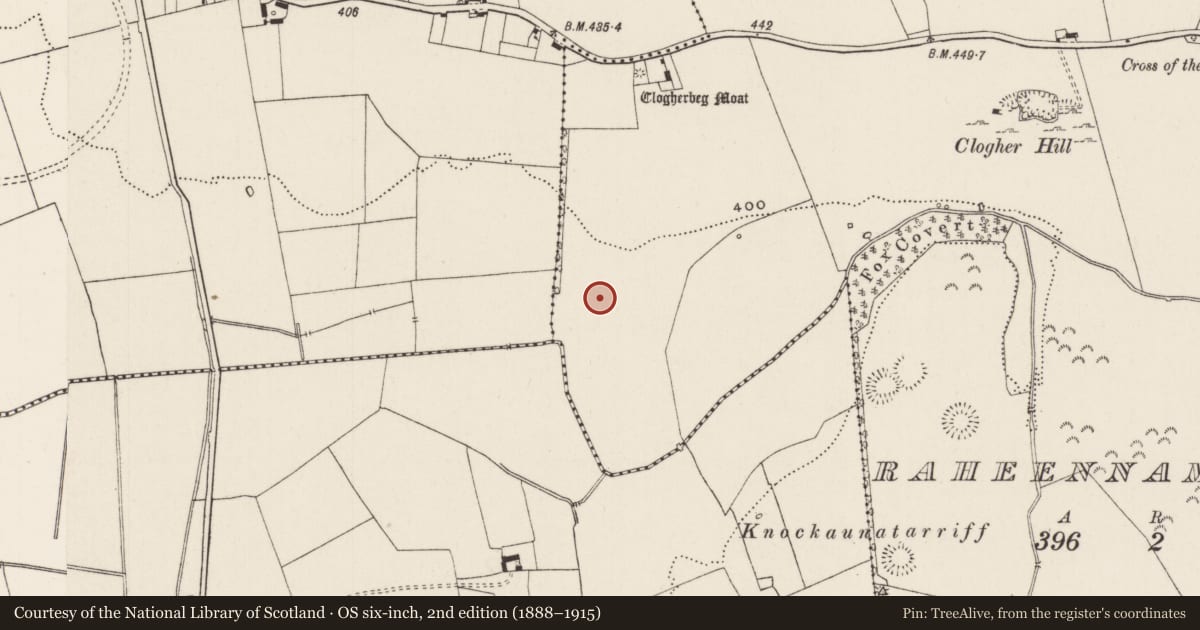 Ordnance Survey six-inch map, 2nd edition (1888–1915) covering the location of Earthwork, Raheennamadra, County Limerick, with a pin at the register's coordinates