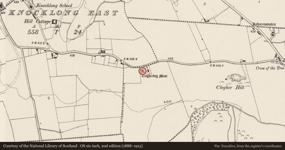 Ordnance Survey six-inch map, 2nd edition (1888–1915) covering the location of Barrow - bowl-barrow, Raheennamadra, County Limerick, with a pin at the register's coordinates