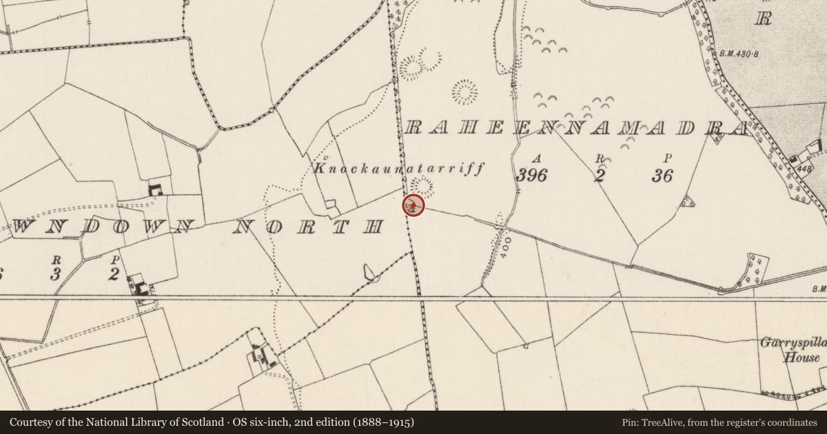 Ordnance Survey six-inch map, 2nd edition (1888–1915) covering the location of Burial mound, Raheennamadra, County Limerick, with a pin at the register's coordinates