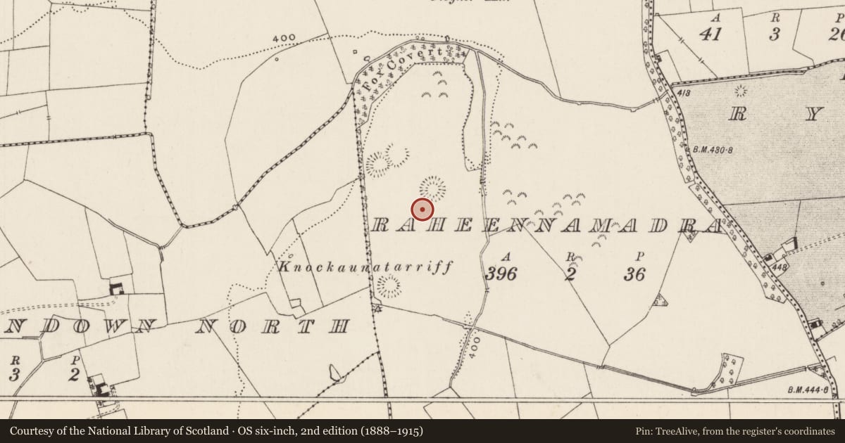 Ordnance Survey six-inch map, 2nd edition (1888–1915) covering the location of Barrow - pond barrow, Raheennamadra, County Limerick, with a pin at the register's coordinates