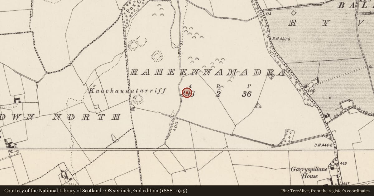 Ordnance Survey six-inch map, 2nd edition (1888–1915) covering the location of Earthwork, Raheennamadra, County Limerick, with a pin at the register's coordinates