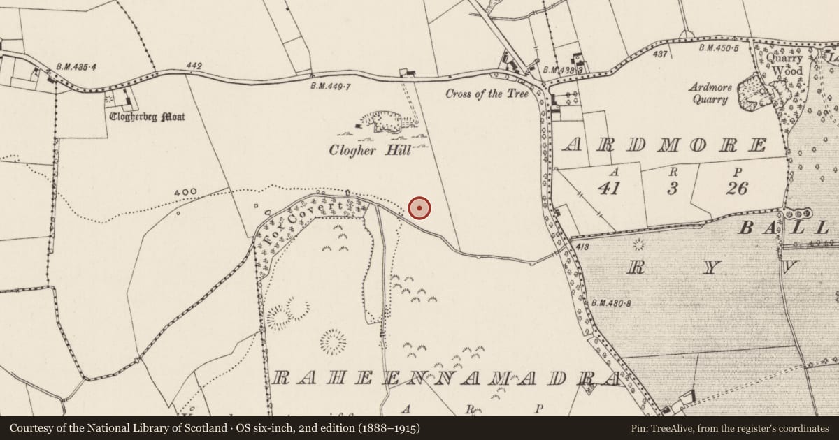Ordnance Survey six-inch map, 2nd edition (1888–1915) covering the location of Earthwork, Raheennamadra, County Limerick, with a pin at the register's coordinates