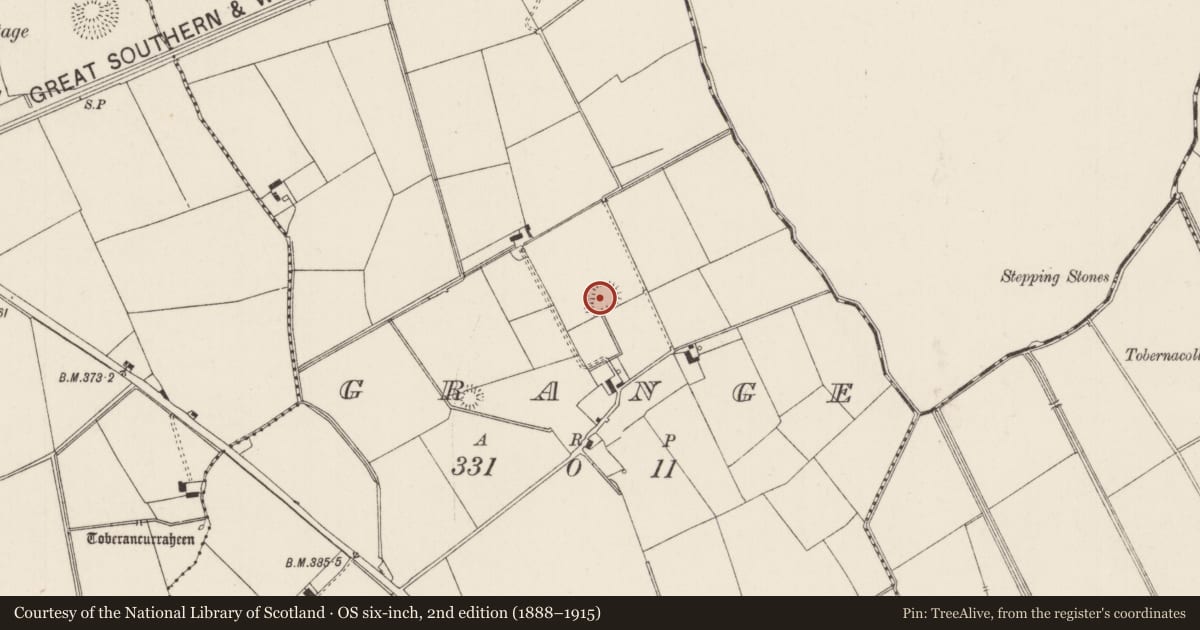 Ordnance Survey six-inch map, 2nd edition (1888–1915) covering the location of Enclosure, Grange, County Limerick, with a pin at the register's coordinates