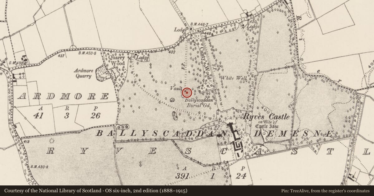 Ordnance Survey six-inch map, 2nd edition (1888–1915) covering the location of Church, Ryves Castle, County Limerick, with a pin at the register's coordinates