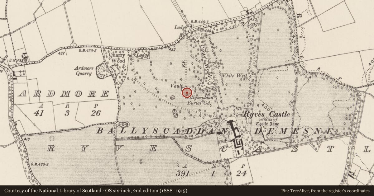 Ordnance Survey six-inch map, 2nd edition (1888–1915) covering the location of Graveyard, Ryves Castle, County Limerick, with a pin at the register's coordinates