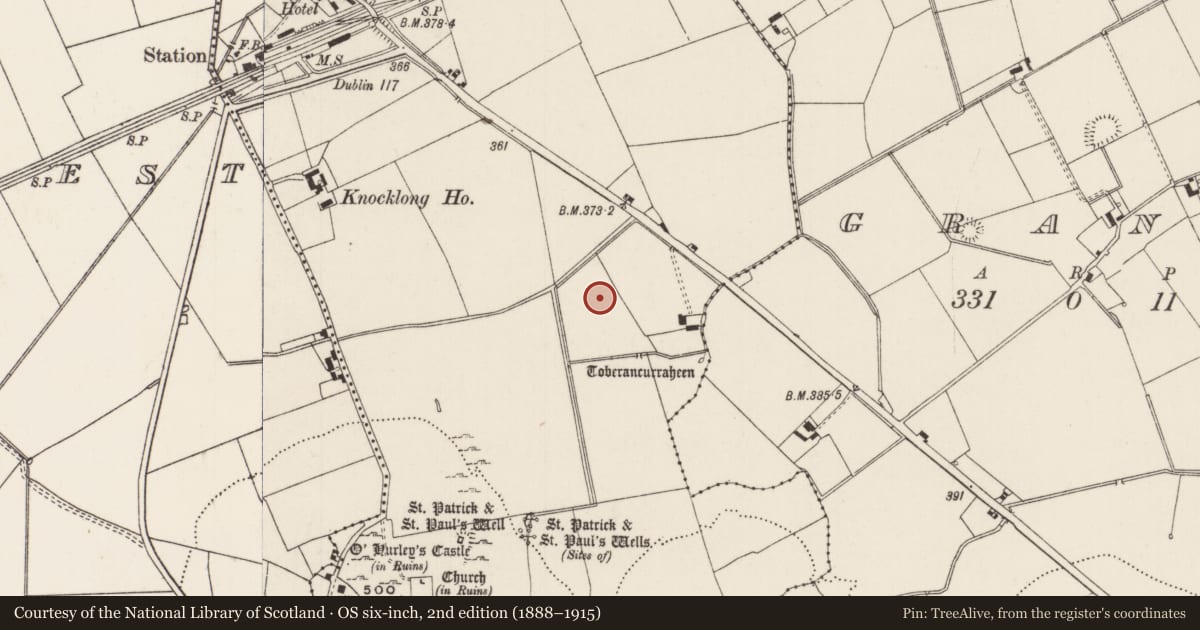 Ordnance Survey six-inch map, 2nd edition (1888–1915) covering the location of Earthwork, Knocklong East, County Limerick, with a pin at the register's coordinates