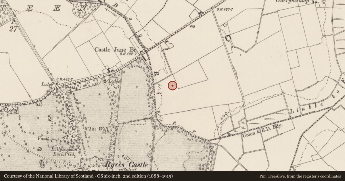 Ordnance Survey six-inch map, 2nd edition (1888–1915) covering the location of Hut site, Ballylooby, County Limerick, with a pin at the register's coordinates