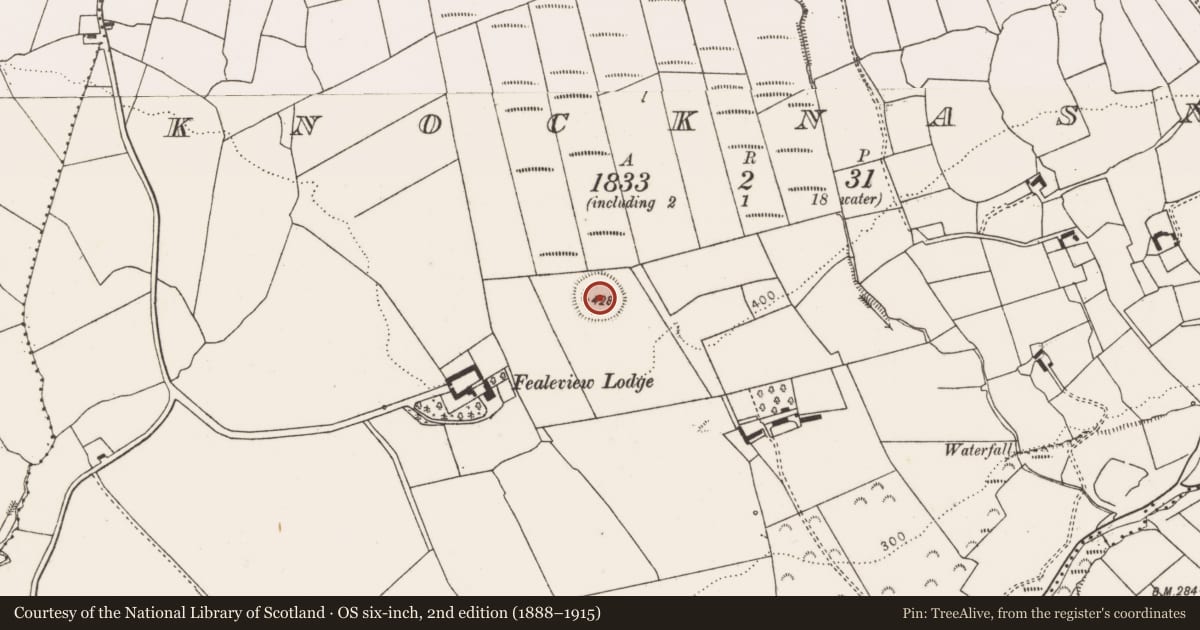 Ordnance Survey six-inch map, 2nd edition (1888–1915) covering the location of Hilltop enclosure, Knocknasnaa, County Limerick, with a pin at the register's coordinates