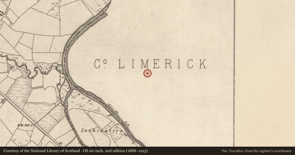 Ordnance Survey six-inch map, 2nd edition (1888–1915) covering the location of Children's burial ground, Kilkinlea Lower, County Limerick, with a pin at the register's coordinates