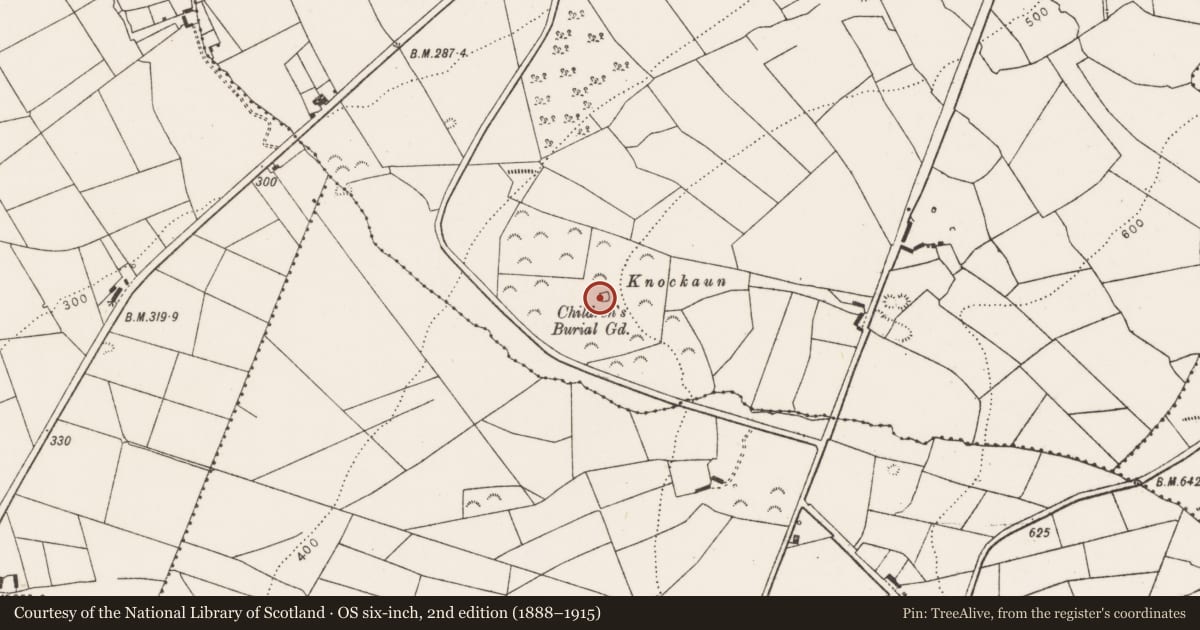 Ordnance Survey six-inch map, 2nd edition (1888–1915) covering the location of Children's burial ground, Abbeyfeale West, County Limerick, with a pin at the register's coordinates