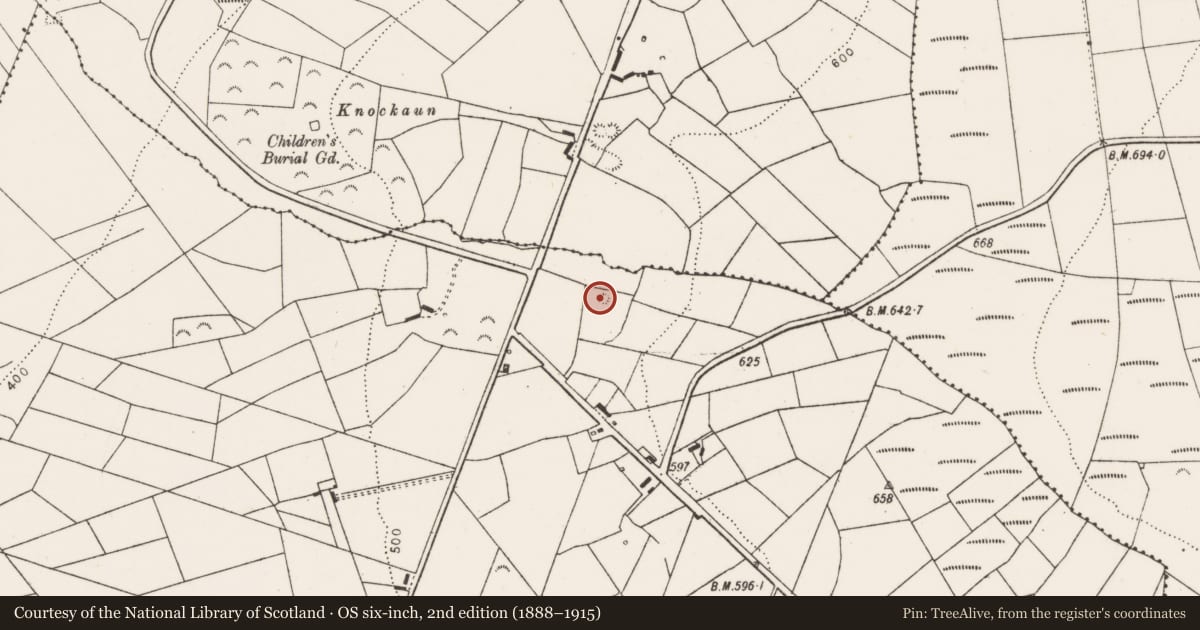 Ordnance Survey six-inch map, 2nd edition (1888–1915) covering the location of Mound, Kilkinlea Upper, County Limerick, with a pin at the register's coordinates
