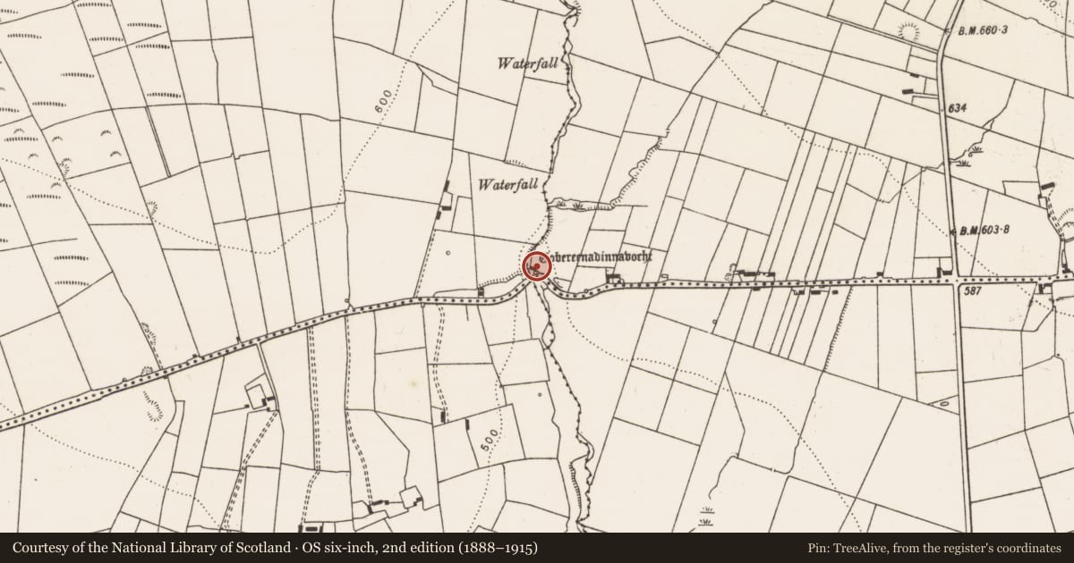 Ordnance Survey six-inch map, 2nd edition (1888–1915) covering the location of Ritual site - holy well, Tulligoline North, County Limerick, with a pin at the register's coordinates