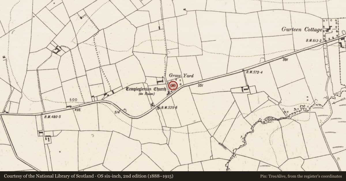 Ordnance Survey six-inch map, 2nd edition (1888–1915) covering the location of Church, Templeglentan West, County Limerick, with a pin at the register's coordinates