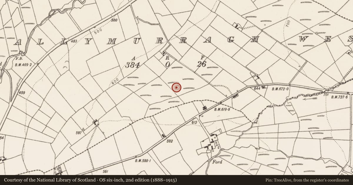 Ordnance Survey six-inch map, 2nd edition (1888–1915) covering the location of Barrow - ring-barrow, Ballymurragh West, County Limerick, with a pin at the register's coordinates