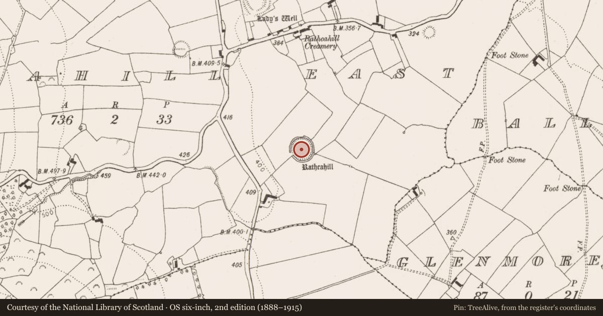 Ordnance Survey six-inch map, 2nd edition (1888–1915) covering the location of Ringfort - rath, Rathcahill East, County Limerick, with a pin at the register's coordinates