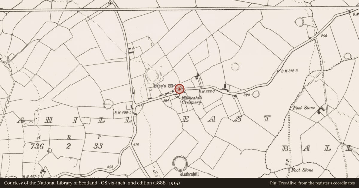 Ordnance Survey six-inch map, 2nd edition (1888–1915) covering the location of Ritual site - holy well, Rathcahill East, County Limerick, with a pin at the register's coordinates