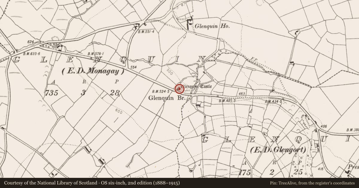 Ordnance Survey six-inch map, 2nd edition (1888–1915) covering the location of Castle - tower house, Glenquin, County Limerick, with a pin at the register's coordinates