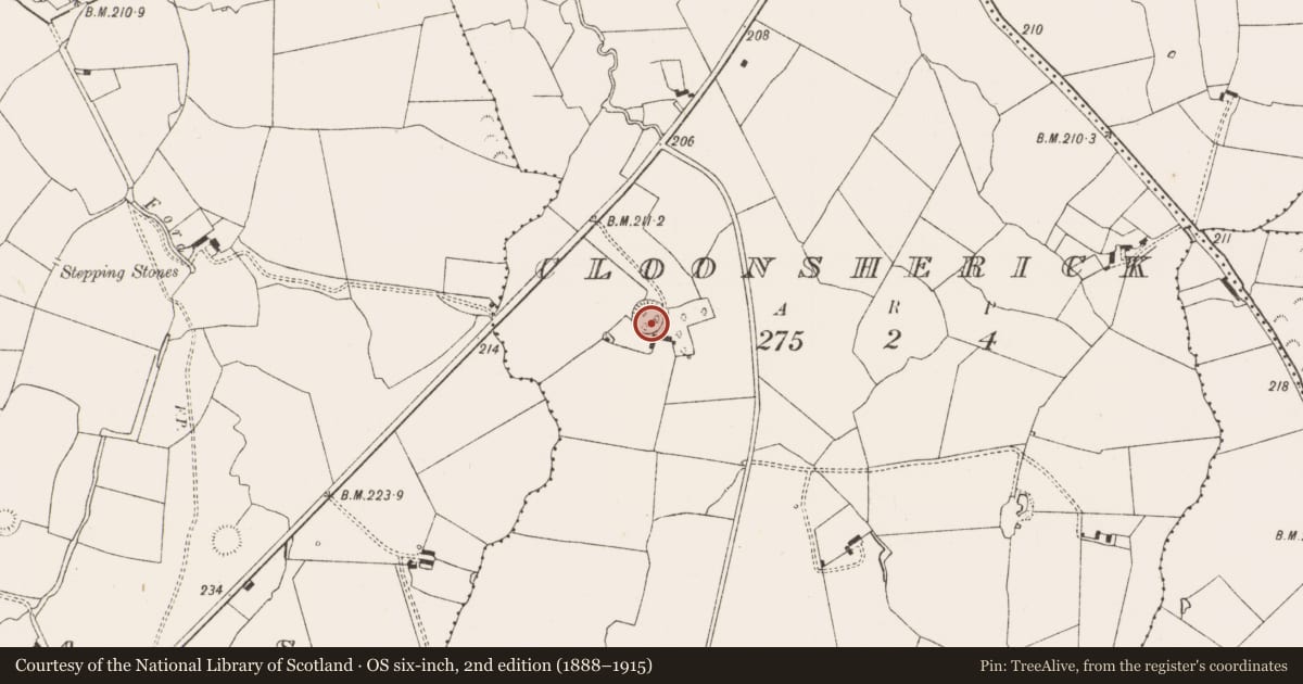Ordnance Survey six-inch map, 2nd edition (1888–1915) covering the location of Ringfort - rath, Cloonsherick, County Limerick, with a pin at the register's coordinates