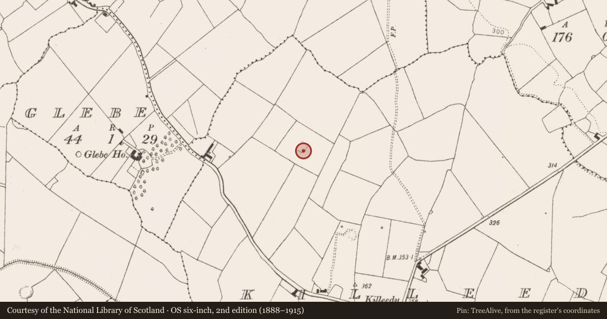 Ordnance Survey six-inch map, 2nd edition (1888–1915) covering the location of Moated site, Killeedy North, County Limerick, with a pin at the register's coordinates